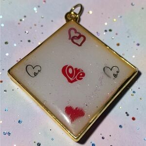 Handmade Resin Love Pendant Necklace Gold Bezel Valentine Hearts Sparkle